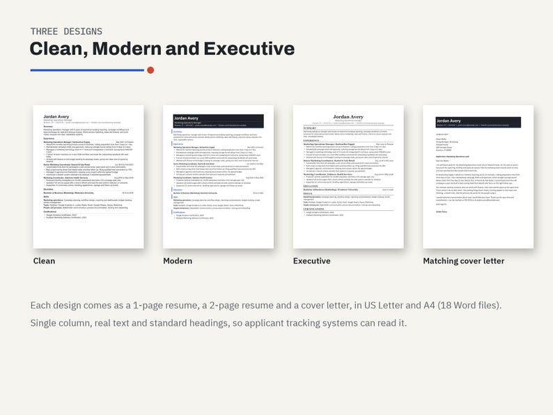 ATS Resume Template Word, Google Docs Resume, Cover Letter Template, Professional CV Template, 1 and 2 Page Resume