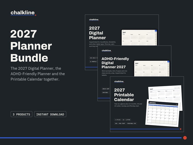 2027 Planner Bundle, Digital Planner, ADHD Planner, Printable Calendar 2027, GoodNotes iPad Planner, Hyperlinked Planner Set