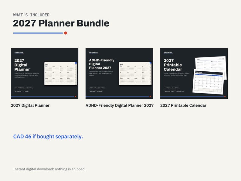 2027 Planner Bundle, Digital Planner, ADHD Planner, Printable Calendar 2027, GoodNotes iPad Planner, Hyperlinked Planner Set