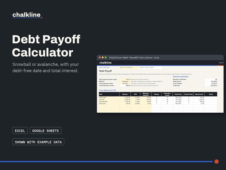 Debt Payoff Calculator Spreadsheet, Debt Snowball Avalanche Tracker, Excel Google Sheets, Credit Card Payoff Planner