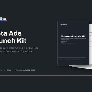 May include: A digital document set titled Meta Ads Launch Kit by Chalkline, featuring a dark cover with white text, displayed alongside several white pages. The kit includes PDF, XLSX, and DOCX files, with a checked date of October 2026.
