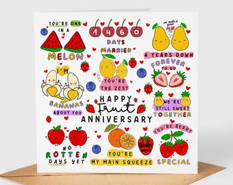 4th Anniversary Card – Fruit Anniversary Card, Funny 4 Year Anniversary Card, Husband Wife Anniversary, Four Years Married