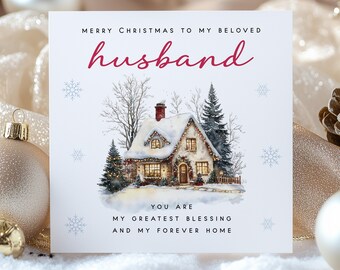 Christmas Card for Husband – Romantic Holiday Greeting – Cosy Winter Cottage Design – Sentimental Xmas Card for Beloved Husband