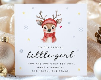 Christmas Card for Little Girl – Cute Reindeer Christmas Card for Daughter, Granddaughter or Niece, Sweet Xmas Card for Kids