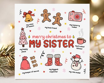 Sister Christmas Card, Xmas Card for Sister, Fun Illustrated Design, Cute Christmas Greeting for Sibling, Gift for Sister