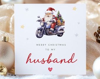 Christmas Card for Husband – Santa on Motorbike Design, Fun Romantic Holiday Card for Him, Festive Greeting Card