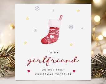 First Christmas Card for Girlfriend – Cute Stocking Design – To My Girlfriend on Our First Christmas Together, Romantic Xmas Card for Her