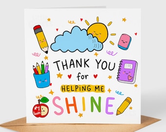 Teacher Thank You Card | Thank You for Helping Me Shine Card | Cute Teacher Appreciation Card | End of School Gift Card