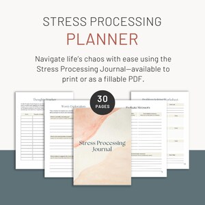May include: A stress processing planner with the title "Stress Processing Planner" in a modern font. The image shows a journal with 30 pages and several worksheets. The journal is available to print or as a fillable PDF.