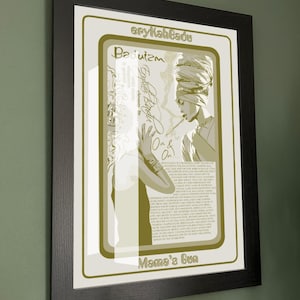 May include: Framed art print with a stylized illustration of a woman in a turban, with text including "Erykah Badu", "Badiuzm", and "Mama's Gun". The artwork is in olive green and cream, set within a black frame.