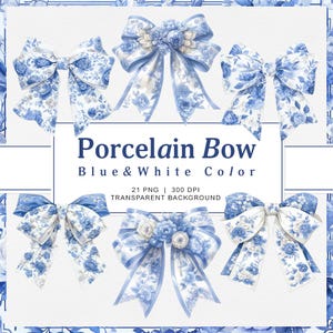 Lazo de porcelana Clipart - Lazos digitales florales azules y blancos, 21 archivos PNG, 300 DPI, fondo transparente para manualidades y proyectos de diseño.