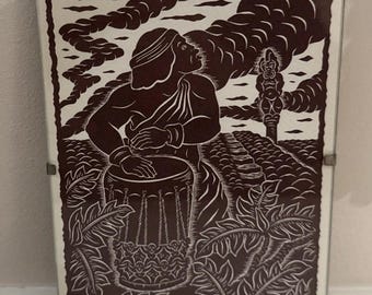 Signed Dietrich Varez "Pahu Heiau” Wood Block Print Hawaiian Folk Art 5”x7”