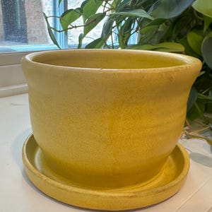 May include: A bright yellow ceramic plant pot with a matching circular saucer. The pot features a smooth, slightly speckled glaze with a rounded rim and a subtle, tapered cylindrical shape that sits securely on the flat, wide-edged saucer base.