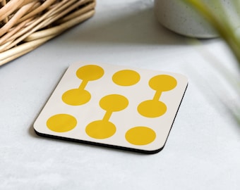 Posavasos con círculos amarillos conectados de la exposición Bauhaus U33, Arte de la exposición Bauhaus, Impresión de la exposición Bauhaus, Posavasos inspirado en la Bauhaus
