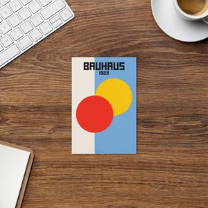 Cartão postal da exposição Bauhaus azul brilhante amarelo, arte da exposição Bauhaus BP15, decoração de casa inspirada na Bauhaus