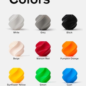 May include: Image showcasing a variety of colorful, abstract, spherical objects. The text "Available Colors" is at the top. Colors include white, gray, black, beige, maroon red, pumpkin orange, sunflower yellow, green, cyan, purple, and pink.