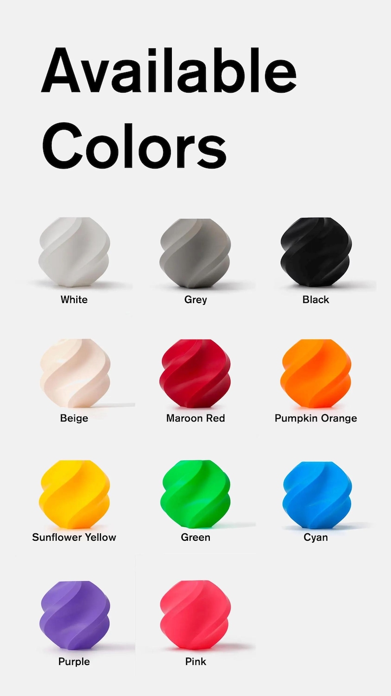 May include: Image showcasing a variety of colorful, abstract, spherical objects. The text "Available Colors" is at the top. Colors include white, gray, black, beige, maroon red, pumpkin orange, sunflower yellow, green, cyan, purple, and pink.