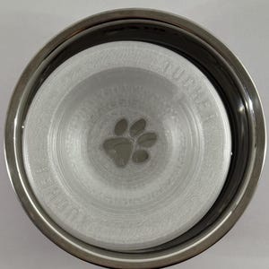 May include: A stainless steel pet bowl with a white interior. The interior features a paw print design at the bottom. The bowl has a wide, circular shape.