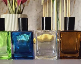 4 Pcs Of 50ML Glass Spray Perfume Bottles, Empty Square Durable Travel Perfume Essential Oil Container, Blue, White, Green and Brown Colors