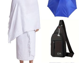 Conjunto de peregrinación islámica para musulmanes de color blanco para el Hajj Ehram/Ihram para hombres: Ehram, bolso de mano, sombrero con paraguas, cinturón Ehram - Conjunto esencial para peregrinaciones de religión islámica para musulmanes