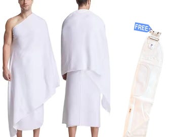 Cinturón de algodón para peregrinación Hajj y Umrah con cinturón de algodón gratuito para adultos, conjunto Ahram de 2 piezas de tela pura blanca, elementos esenciales para la peregrinación musulmana