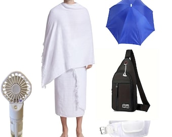 Conjunto de peregrinación islámica para musulmanes de color blanco para el Hajj Ehram/Ihram para hombres: Ehram, bolso de mano, sombrero con paraguas, cinturón Ehram - Conjunto esencial para peregrinaciones de religión islámica para musulmanes
