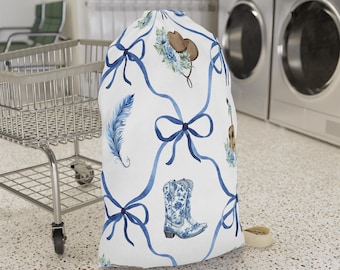 Western Charm Laundry Bag with Floral Design, Rustic Laundry Tote, Cowgirl Gifts, Home Organization, Country Style Decor