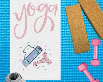 Toalla para esterilla de yoga, diseño rosa y azul, con diseño de esterilla de yoga y mancuernas - Toalla Rally, 28 x 46 cm. Toalla de fitness, toalla de gimnasio, toalla de entrenamiento.