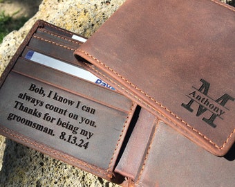 Groomsmen Gift, Groomsman Gift, Leather Wallet with Custom Message, RFID Bifold, Best Man Gift, Officiant Gift, Men's Wallet Personalized