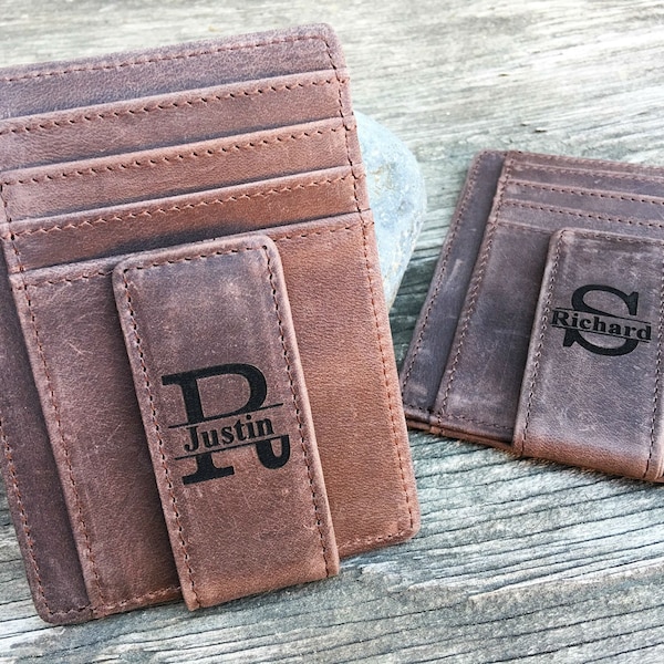 RFID Blocking Monogrammed Leather Money Clip, Personalized Rustic Leather ID Card Wallet, Men's Money Clip Gift, Credit Card Custom Slim