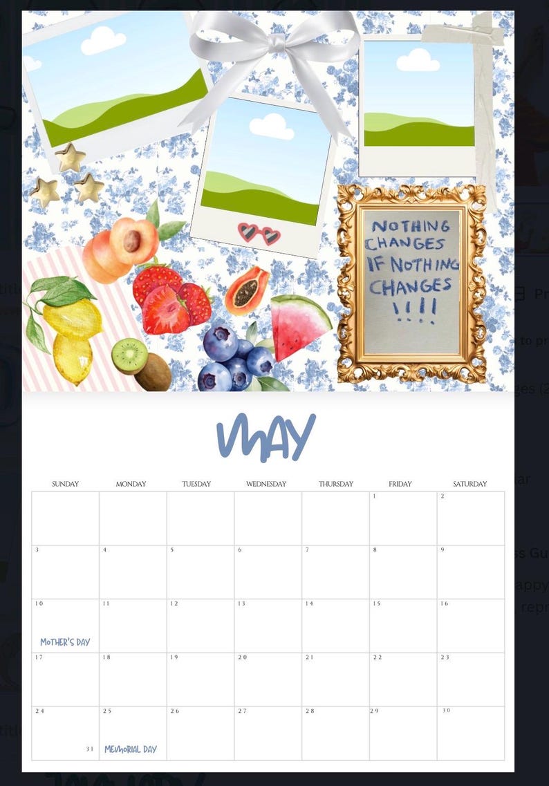 Op de afbeelding: Een mei-kalender met een bloemenachtergrond, aquarelfruit en ingelijste inspirerende tekst. De kalender bevat data voor Moederdag en Memorial Day. Decoratieve elementen zijn een witte strik en gouden sterren.