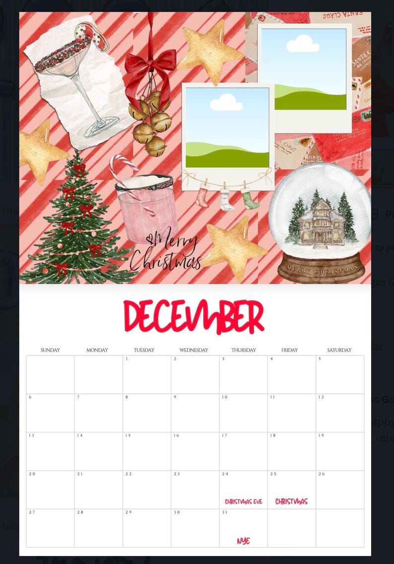 Op de afbeelding: Een feestelijke decemberkalender met aquarel illustraties van kerstversieringen, waaronder een sneeuwbol, ornamenten en een cocktail. De kalender heeft een rood-witte gestreepte achtergrond en het woord "December" in het rood.