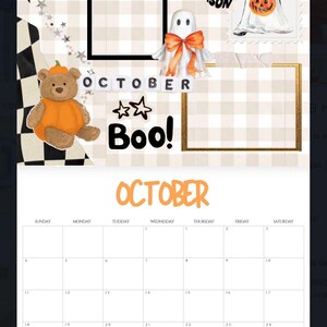 Op de afbeelding: Halloween-kalender met een beige en wit geblokte achtergrond. Voorzien van illustraties van een spook, een hond in een spookkostuum en een teddybeer in een pompoenkostuum. Bevat de woorden "Spooky Season", "October" en "Boo!"