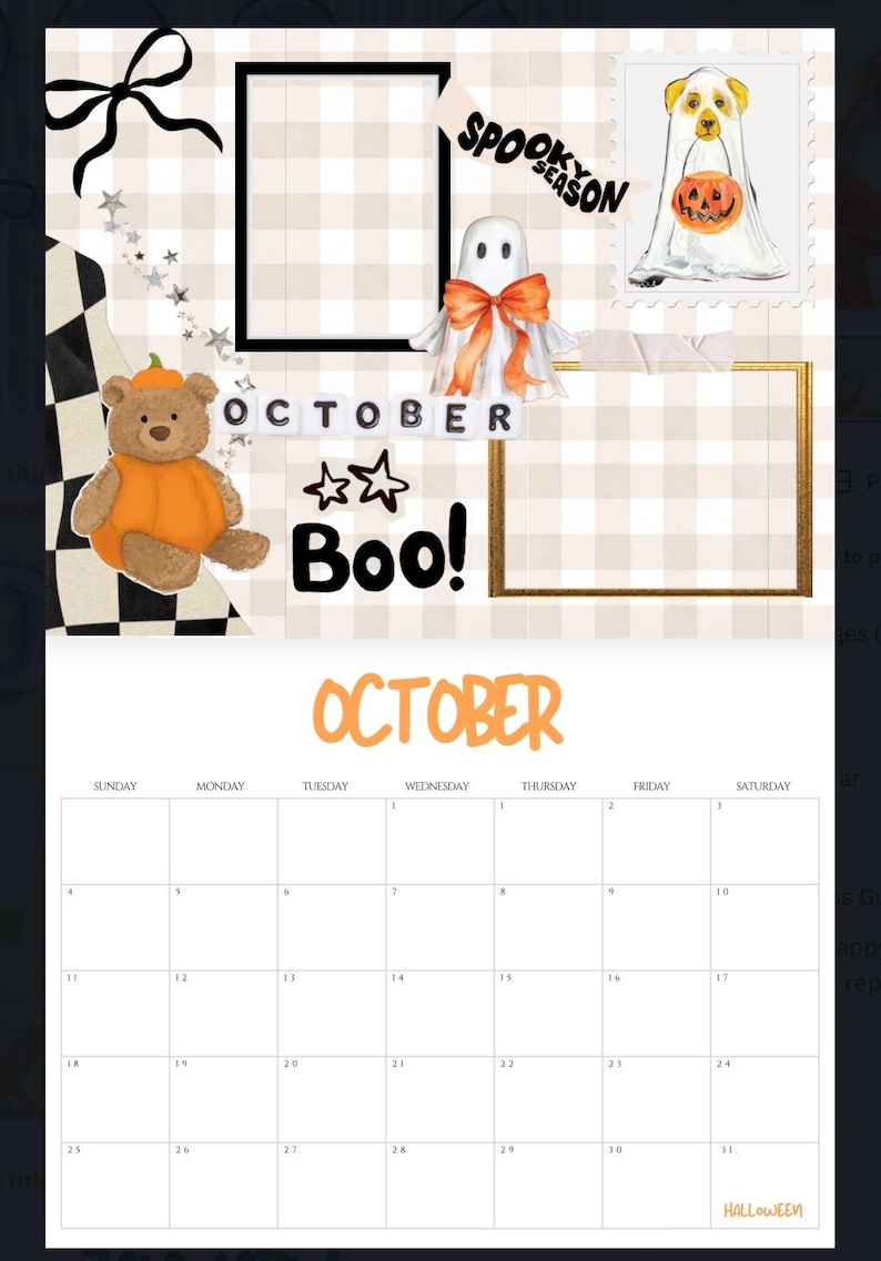 Op de afbeelding: Halloween-kalender met een beige en wit geblokte achtergrond. Voorzien van illustraties van een spook, een hond in een spookkostuum en een teddybeer in een pompoenkostuum. Bevat de woorden "Spooky Season", "October" en "Boo!"