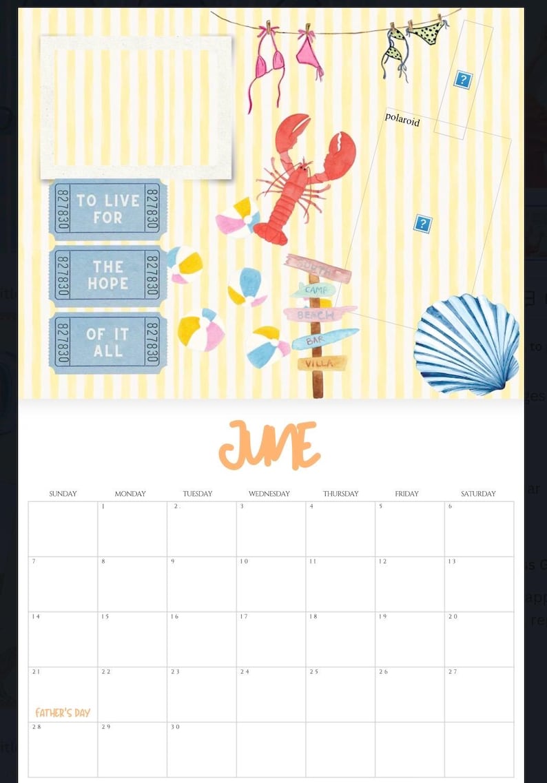 Op de afbeelding: Een aquarel juni-kalender met strandthema-illustraties. Voorzien van een rode kreeft, strandballen, bikinitops en een wegwijzer. Bevat de tekst "TO LIVE FOR THE HOPE OF IT ALL".