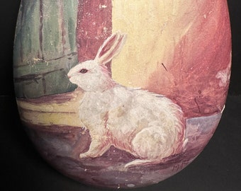 Beautiful Hand Painted Bunny Rabbit Vintage Egg Shaped Chocolate Box from France Detailed Wood Trimmed