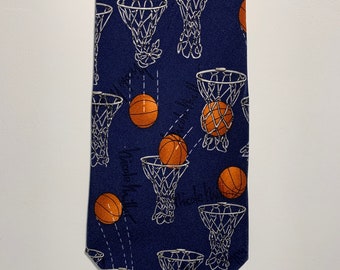 Vintage Nineties Nicole Miller Basketball Basketball Hoop Blue Silk Designer Sports Lover Tie 1995 1990s