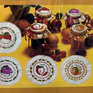 Vintage 1979 The Creative Circle Canning Jar Lid Embroidery Stitch Kit Jam Jelly Butter Preserves Grape Strawberry Apple Orange