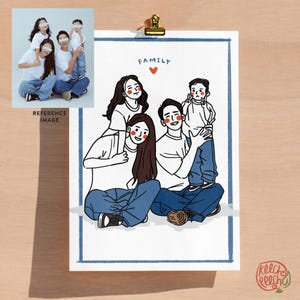 Dibujo lineal de retrato familiar personalizado impreso y digital / Caricatura minimalista en giclée Regalo personalizado para el día del padre o la madre / Kawaii lindo