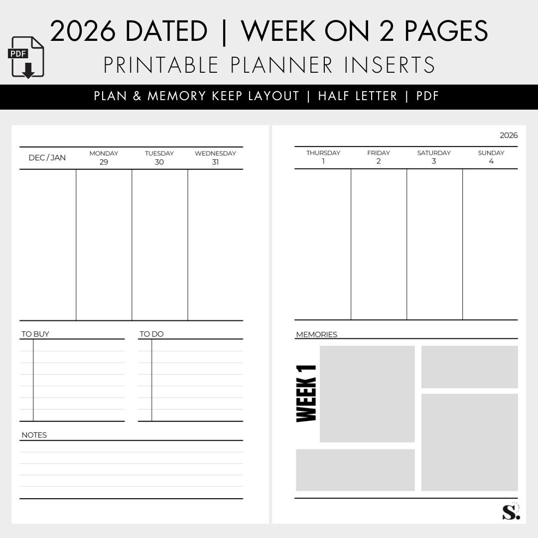 2026 Weekly Planner Insert | Half Letter | WO2P | Digital Download - Etsy