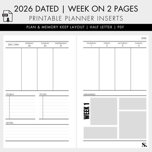 2026 Weekly Planner Insert | Half Letter | WO2P | Digital Download