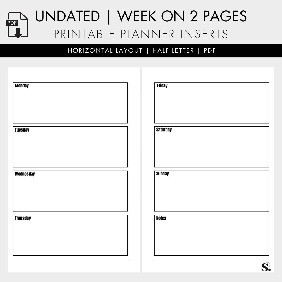 Undated Weekly Planner Insert | Half Letter | Horizontal Layout ...