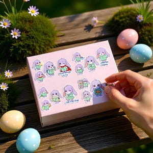 Hoja de pegatinas de vinilo blanco de conejito kawaii lavanda: calcomanías de salud mental afirmativas