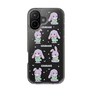 May include: Clear phone case featuring a repeating pattern of cartoon bunnies in green hoodies. The bunnies have purple ears and are holding hearts. The word "COURAGE" is printed in white. The case is designed for a smartphone.