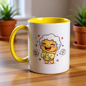 May include: White ceramic mug with a yellow interior and handle. The mug features a cartoon character with a yellow hoodie and white hair, laughing with tears. Text bubbles say "Belulu is the solution" and "It is what is."