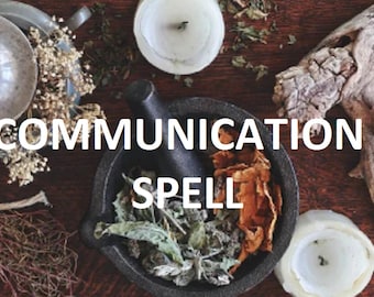 May include: A black mortar and pestle with dried herbs and spices inside. Two white candles and a wooden branch are on a wooden surface. The text "COMMUNICATION SPELL" is written in white letters on the image.