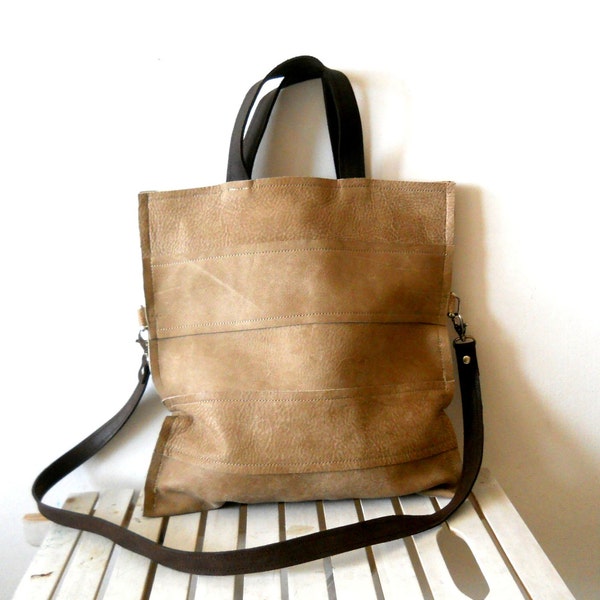 Leather Strips bag  in beautiful beige and dark brown strip