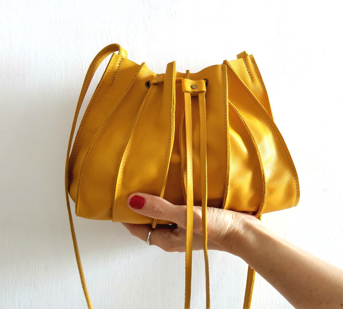 Bucket Bag Yellow Leather Crossbody Bag Leather Purse Etsy