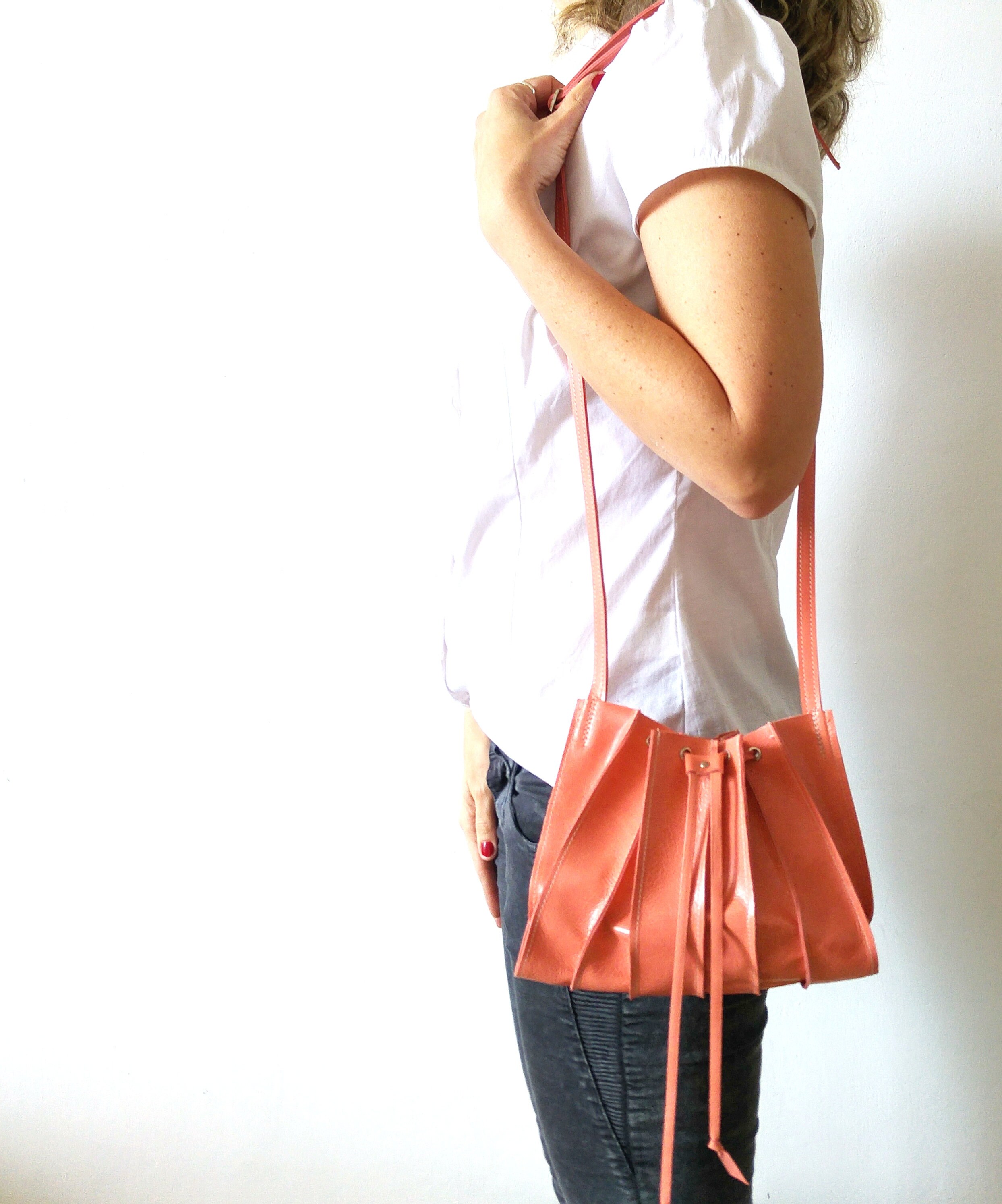 Salmon Pink Leather Crossbody Bag Gift for Her Accordion Bag Etsy