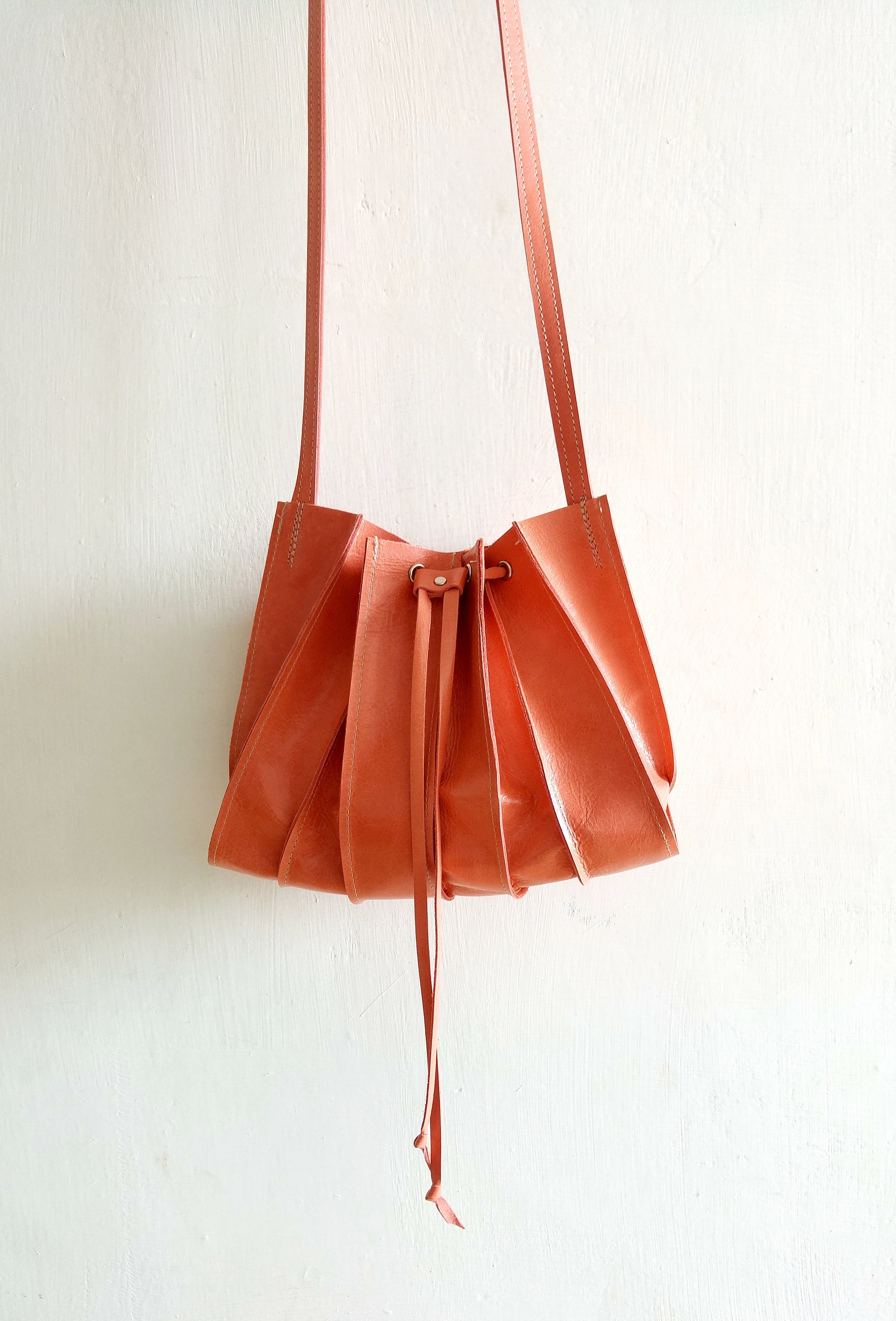 Salmon Pink Leather Crossbody Bag Gift for Her Accordion Bag Etsy